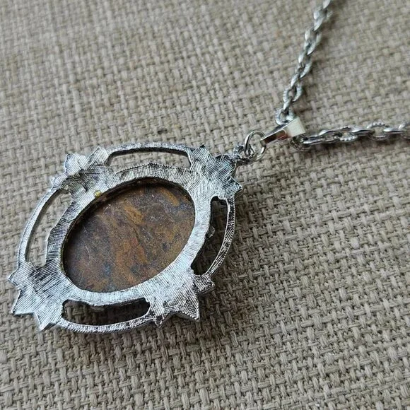Vintage Pendant Women Necklace Brown Stone Silver Tone Chain Fashion Jewelry - Picture 5 of 12
